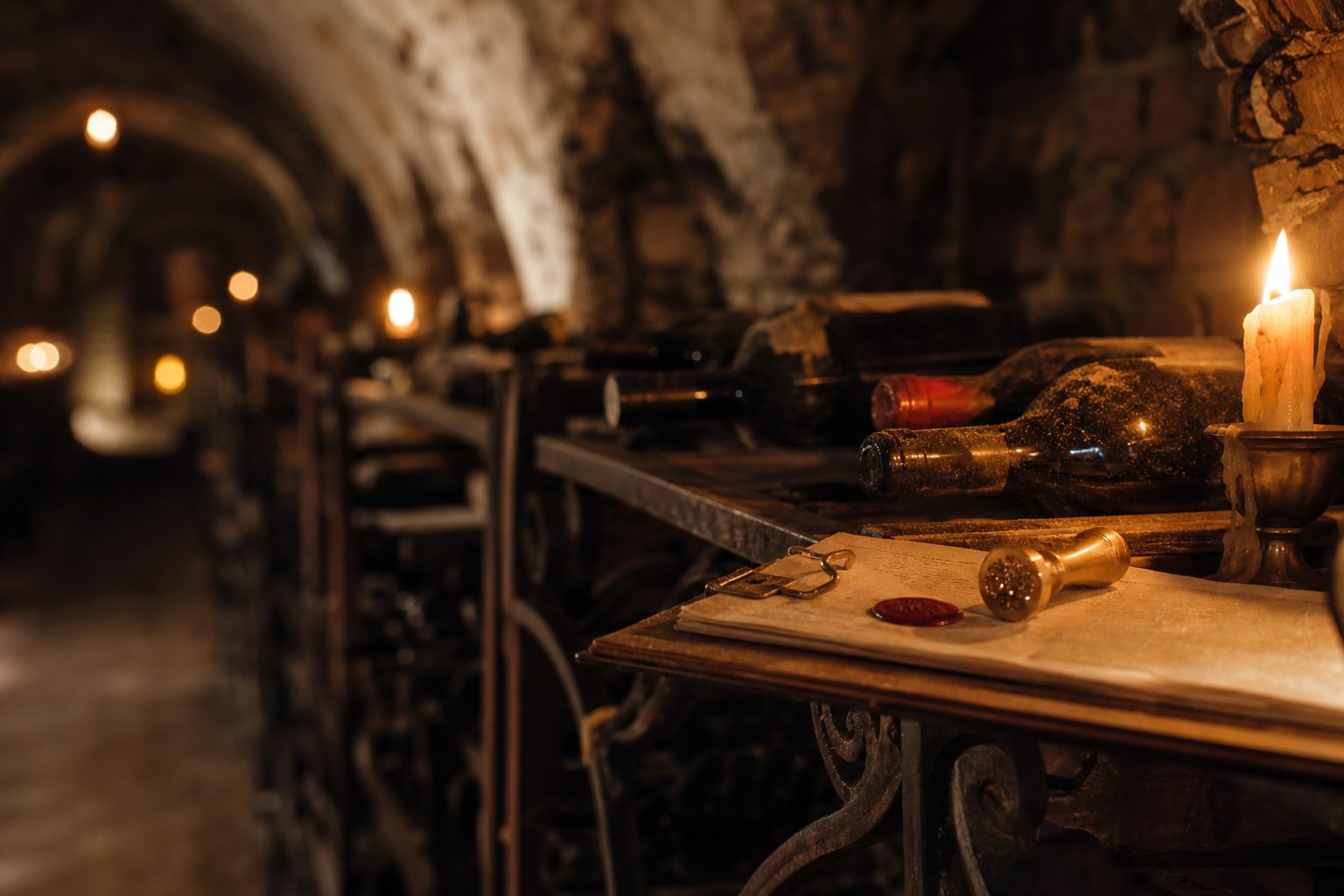 Cellar library rack of dusty small lot bottles with a clipboard and brass wax seal stamp in warm candlelight