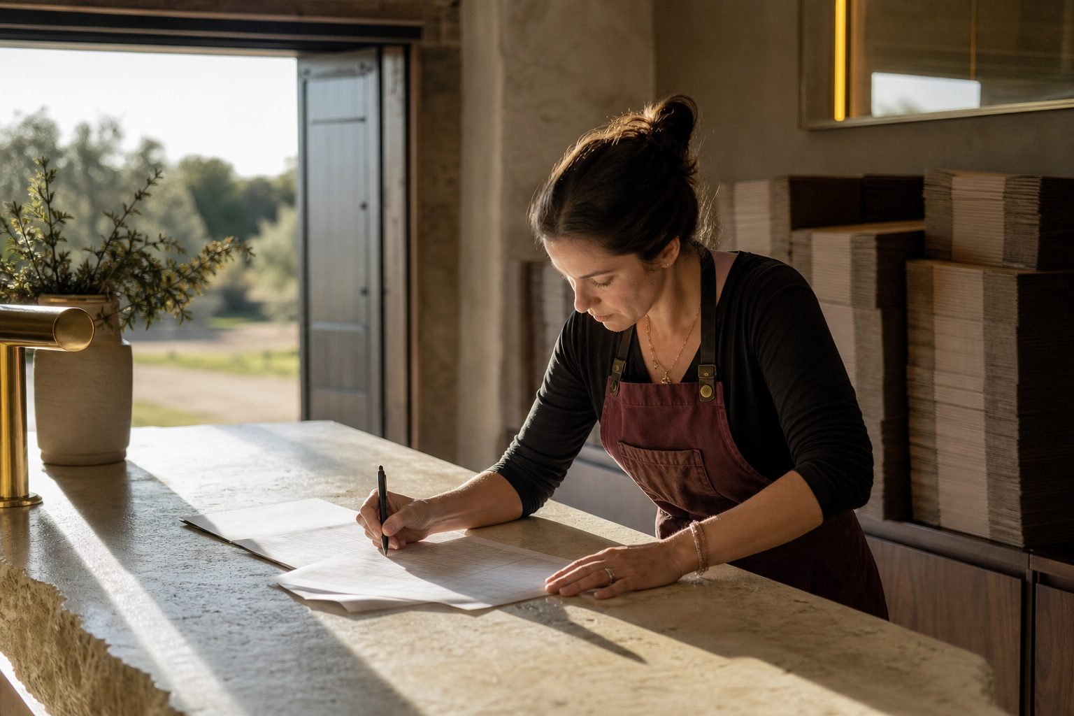 Tasting room manager checking a printed run sheet at a limestone counter with stacked shipping cartons behind her