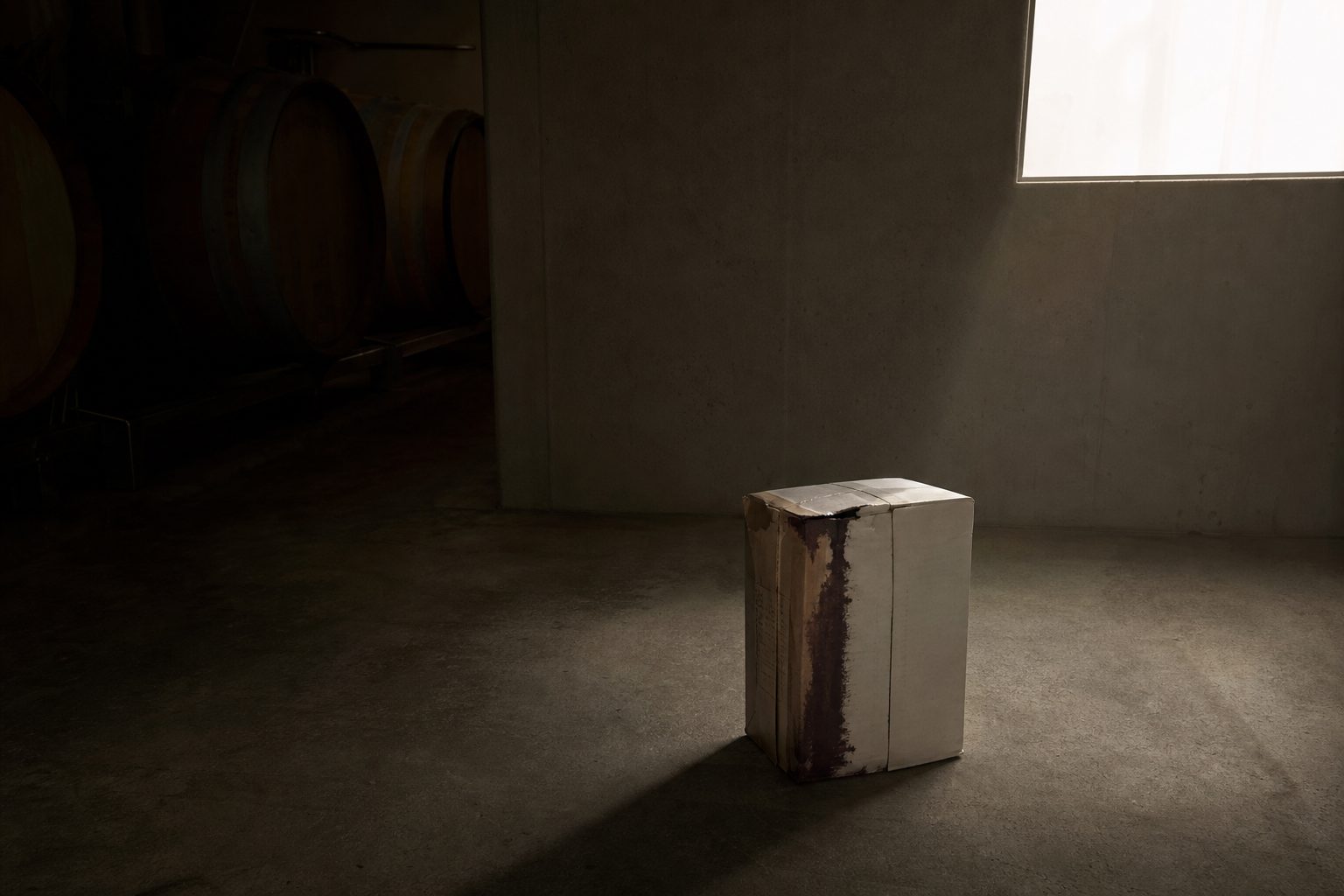 Damaged returned wine shipping carton with a crushed corner and stain on a concrete winery floor in hard light