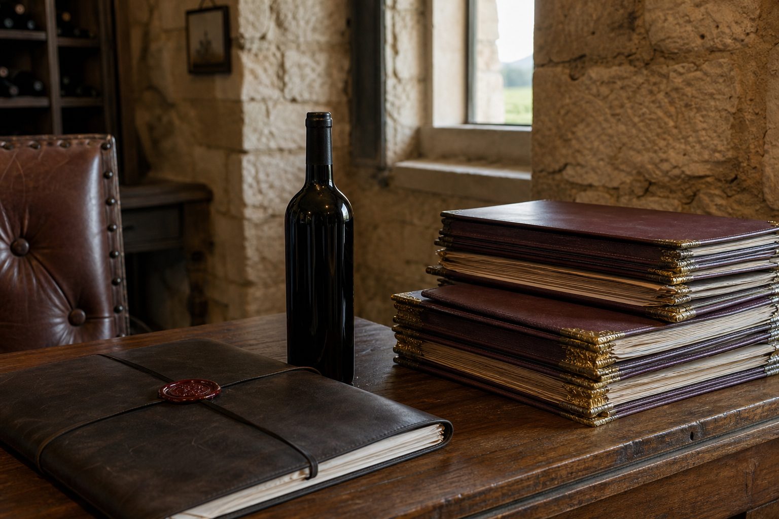 Winery office desk with stacked permit folders, a wax sealed portfolio, and a wine bottle in warm afternoon light