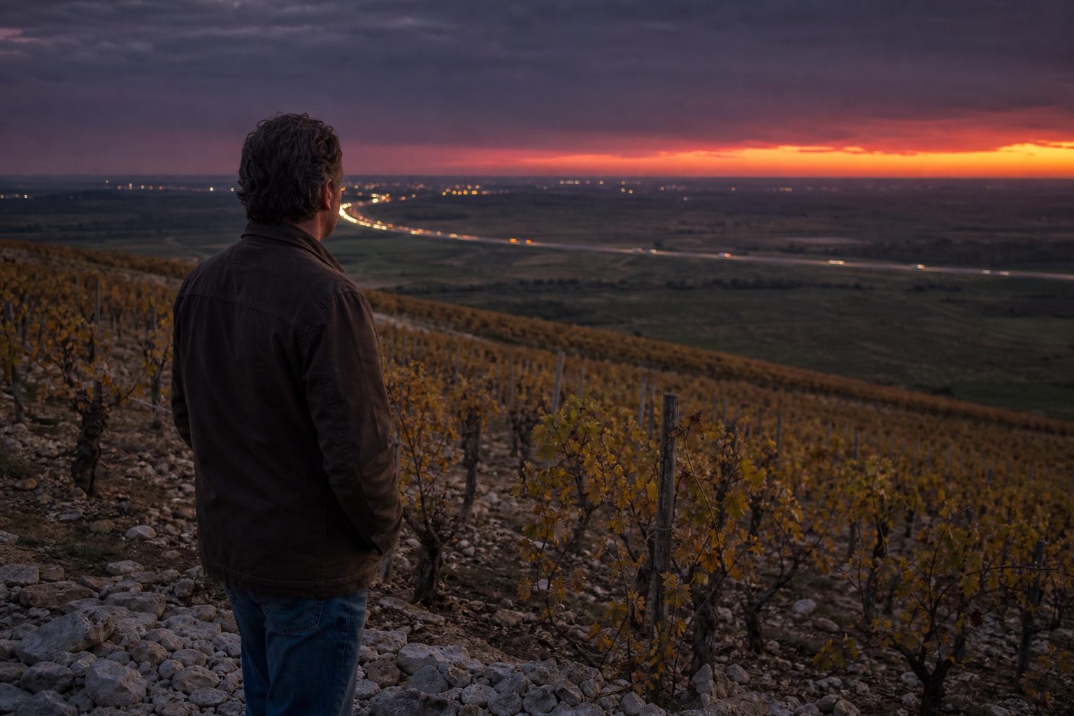 Winery owner standing at the edge of a hillside vineyard at dusk looking toward a distant highway
