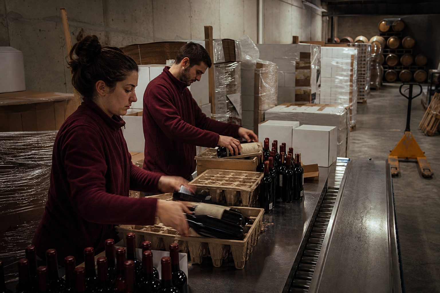 Two workers sliding bottles into pulp inserts along a stainless packing table in a small winery warehouse
