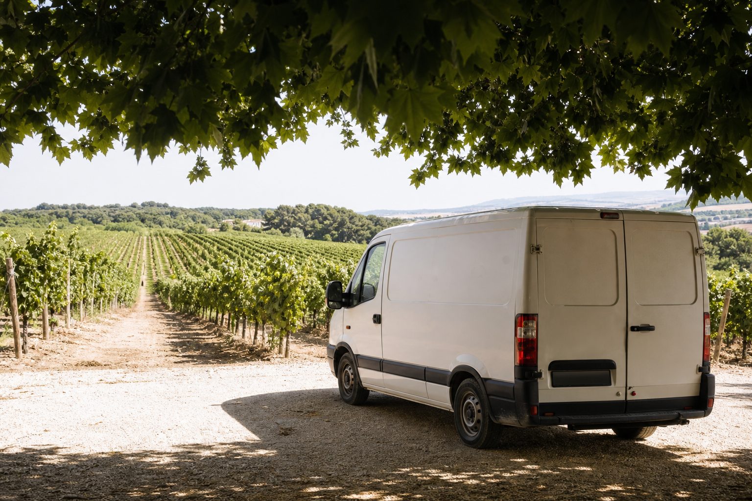 Delivery van parked in hard summer sun at the end of a vineyard row with heat shimmer rising off the gravel