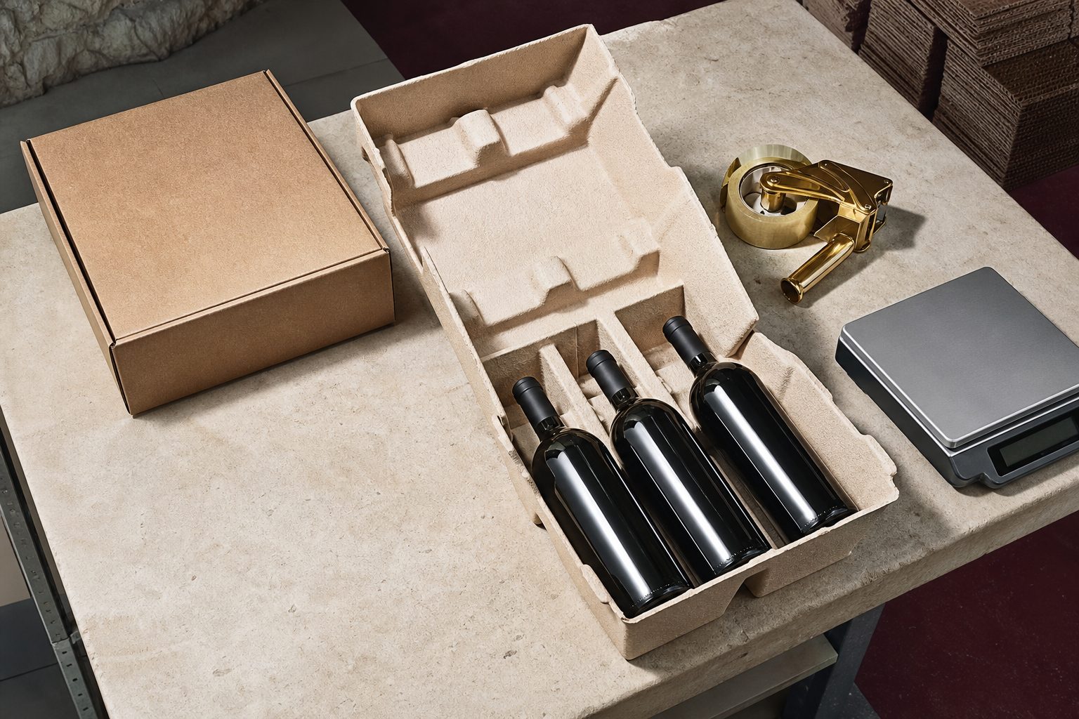 Open three bottle molded pulp wine shipper on a worktable with an outer carton, tape gun, and shipping scale