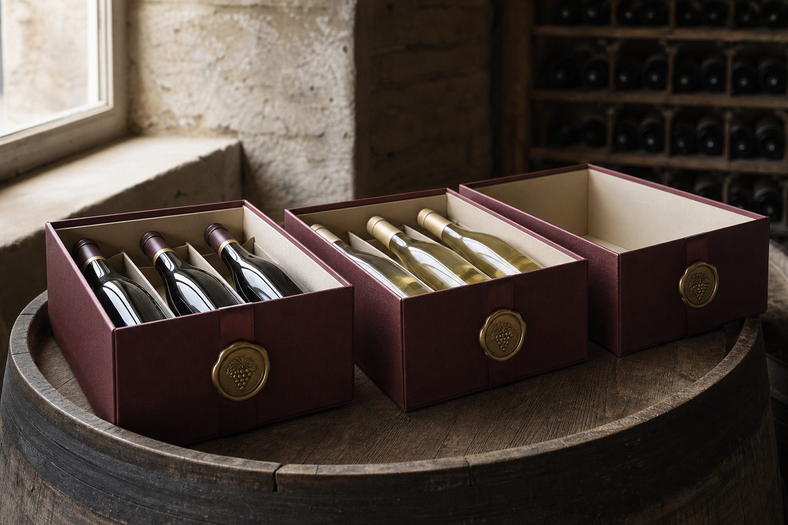 Three wine club boxes on an oak barrel head, one packed with reds, one with whites, and one left empty