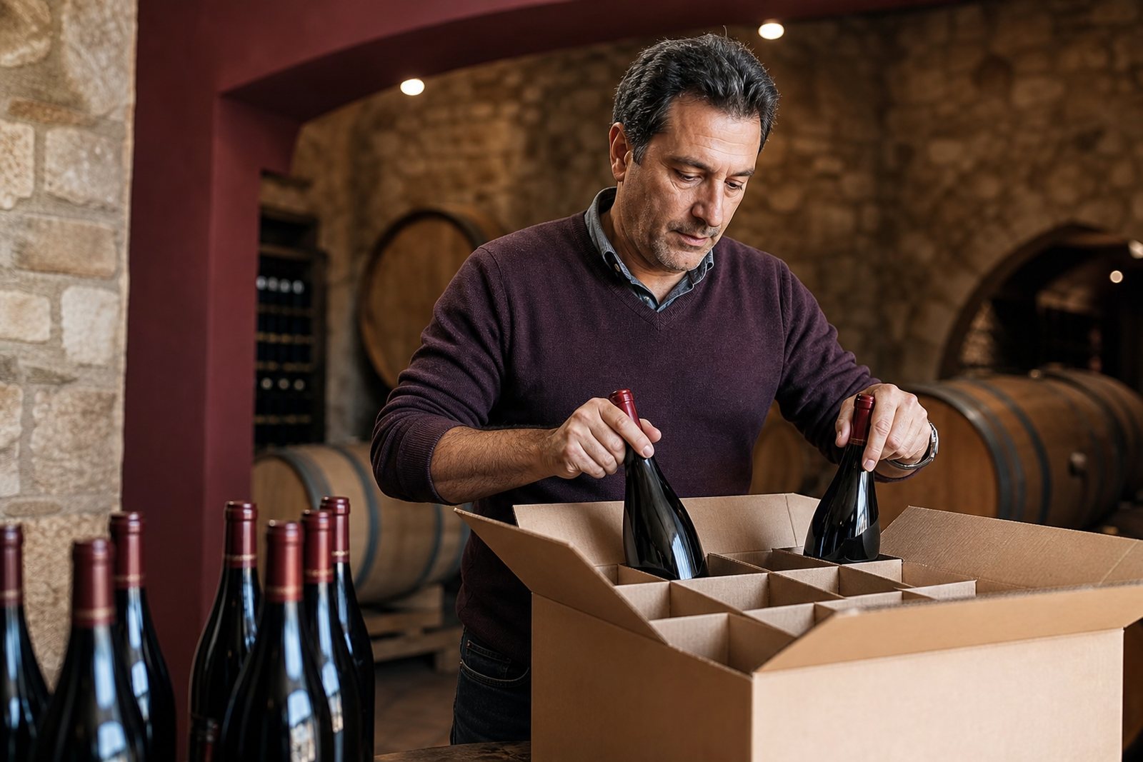 A tasting room manager packing wine bottles into a shipping case in a stone cellar with oak barrels behind